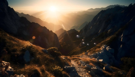 Majestic sunset over a mountain range. Golden light bathes the landscape.の写真素材