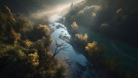 Misty river valley in autumn. Sunlight beams through fog.