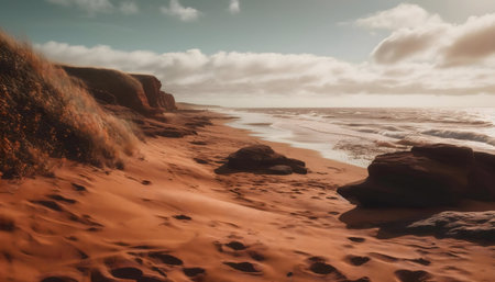 Stunning red sand beach, dramatic cliffs, ocean wavesの写真素材