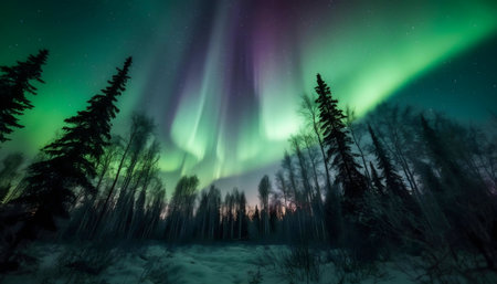 Mesmerizing aurora borealis above a snow covered forest at night.の写真素材