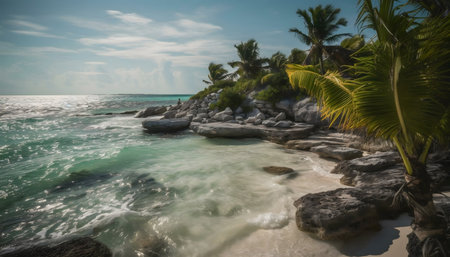 Stunning tropical beach with palm trees, clear water and rocks.の写真素材