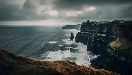 Majestic Cliffs of Moher in Ireland, under a dramatic sky. Ocean waves crash against the rocky...