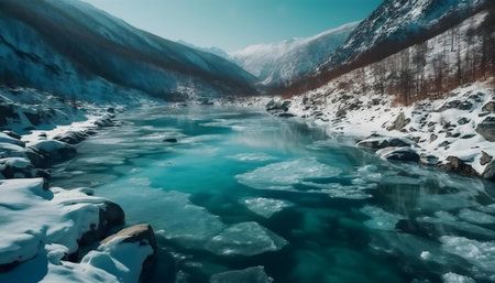 A serene winter landscape featuring a turquoise river partially frozen, nestled amidst snow-covered...