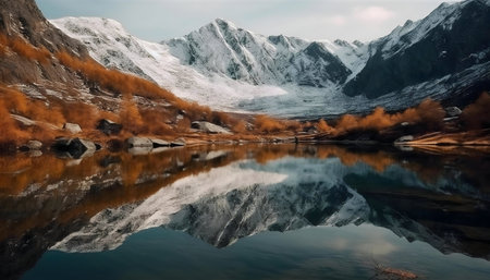 Stunning mountain lake reflecting snow-capped peaks. Autumn colors.の写真素材