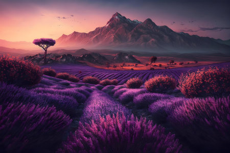 Stunning sunset over lavender fields with majestic mountains in backgroundの写真素材