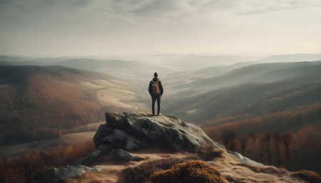A lone hiker stands on a mountain peak, enjoying the panoramic autumn view.の写真素材