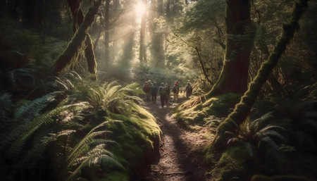 Hikers explore a sun-dappled forest path. Lush greenery and mossy trees create a magical atmosphere.の写真素材