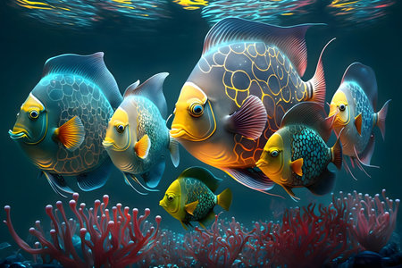 A digital art depiction of a school of vibrant, colorful fish swimming near coral reef.の写真素材