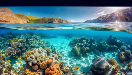 Breathtaking split-level image showing a vibrant coral reef teeming with life beneath a tranquil...