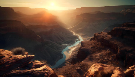 Majestic sunset over the Grand Canyon, Arizona. Breathtaking view of a river winding through canyons.の写真素材