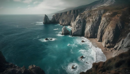 Stunning coastal scene featuring dramatic cliffs, turquoise waters, and crashing waves.