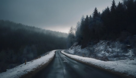 A winding road through a snowy forest on a misty winter day.