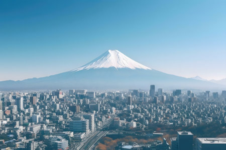 Breathtaking view of Mount Fuji overlooking the sprawling city. A stunning contrast between nature and urban sprawl.の写真素材