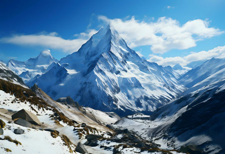Stunning view of a snow-covered mountain range under a vibrant blue sky.