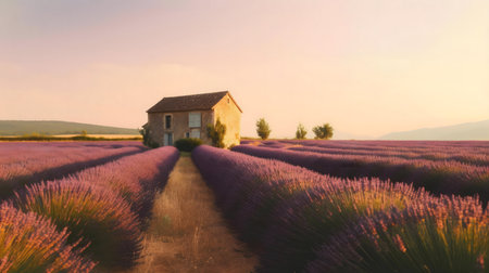 Serene sunset over a lavender field in Provence, France, featuring a rustic farmhouse.の写真素材