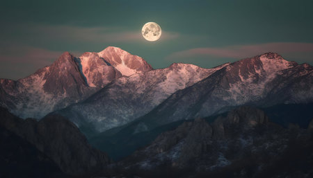 A breathtaking full moon illuminates snow-covered mountains at night.の写真素材