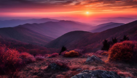 Stunning sunset view over layered mountains in autumn. Vibrant colors dominate the scene.の写真素材