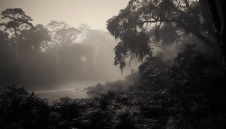 Misty river flowing through a dense rainforest at dawn. A serene and peaceful scene.の写真素材