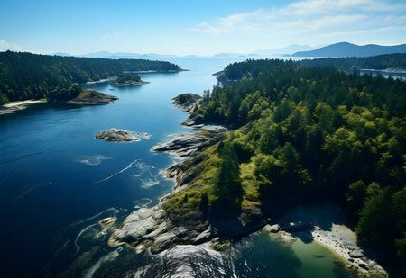 Breathtaking aerial shot of a pristine coastal inlet. Lush greenery meets clear blue water.の写真素材