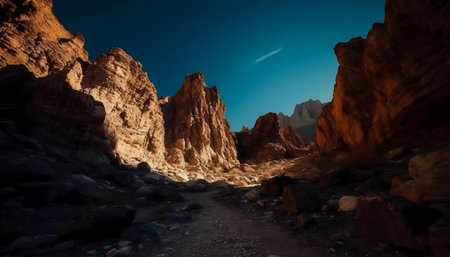 Stunning sunset illuminating a golden canyon. Dramatic rocks and a pathway beckon adventure.の写真素材