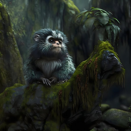 A small monkey sits on a mossy rock in a lush rainforest. The scene is dark and mysterious.
