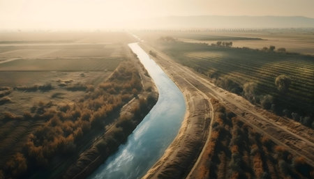 Sunrise over a calm canal snaking through farmland.の写真素材