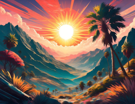 A vibrant digital painting of a sunset over majestic mountains, palm trees dotting the landscape.の写真素材
