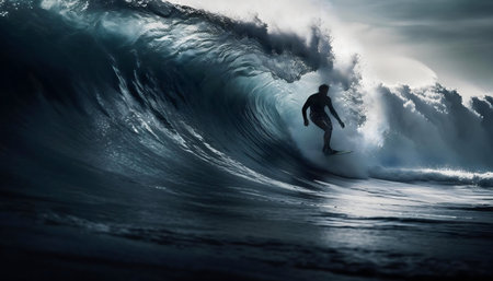 A surfer bravely rides an immense wave, showing skill and courage.