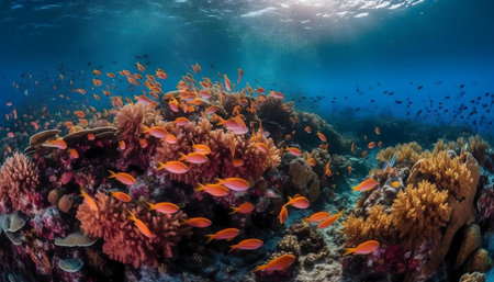 Stunning underwater scene of a coral reef teeming with life. Diverse fish and vibrant corals create a breathtaking spectacle.の写真素材