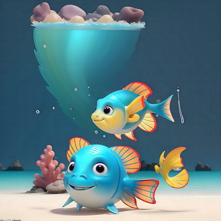 Two cute cartoon fish swim near a coral reef in a cheerful underwater sceneの写真素材
