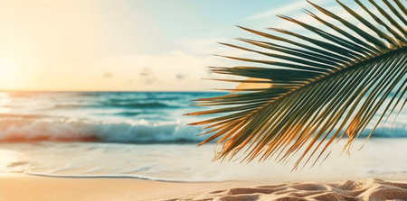 Tranquil beach sunset with palm leafの写真素材