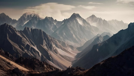 Stunning mountain panorama at dawn. Breathtaking view of majestic peaks and serene landscape.の写真素材