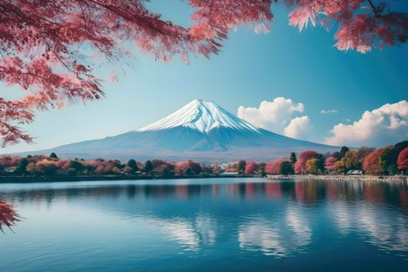 Mount Fuji's serene reflection on a calm lake, surrounded by autumn trees. A breathtaking Japanese landscape.の写真素材