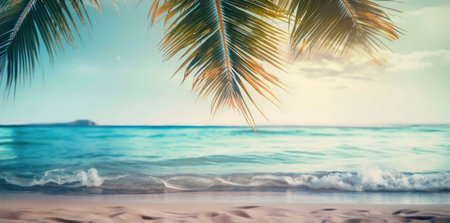 Stunning beach scene, calm waves, palm leaves, tranquil sunset.