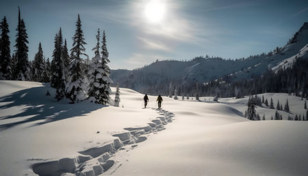 Two figures snowshoeing through a pristine snowy mountain landscape under a bright winter sun.の写真素材