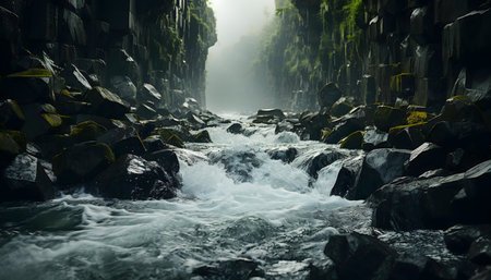 A misty river flows through a dramatic gorge in Iceland. Serenity and adventure meet in this...