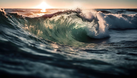Majestic ocean wave breaking at sunrise. Captivating nature photography.の写真素材