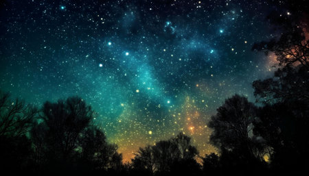 Silhouetted trees against a breathtaking, star-filled night sky.