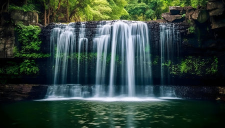 A captivating waterfall flows into a tranquil pool, surrounded by a lush forest.