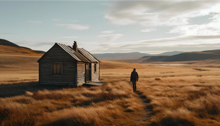 A lone figure walks toward a weathered cabin on a vast golden prairie. The scene evokes solitude and serenity.の写真素材