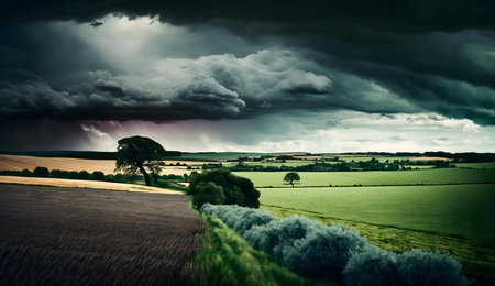 Dark storm clouds over green fields. Dramatic rural landscape photographyの写真素材