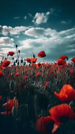 Stunning red poppies in a field, vibrant colors and dramatic clouds.の写真素材