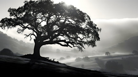 A solitary oak tree stands tall amidst a foggy valley, captured in stunning black and white.の写真素材