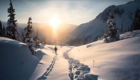 A lone hiker walks a snowy mountain path at sunrise. Winter wonderland scenery.の写真素材