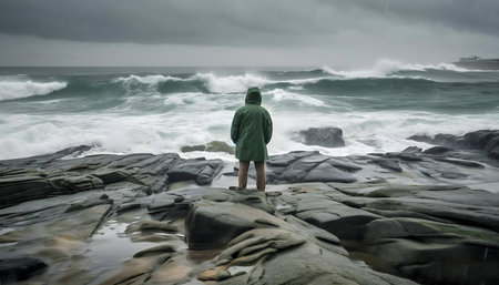 A lone figure stands on rocky shore, gazing at a stormy ocean. The scene evokes contemplation and the power of nature.の写真素材