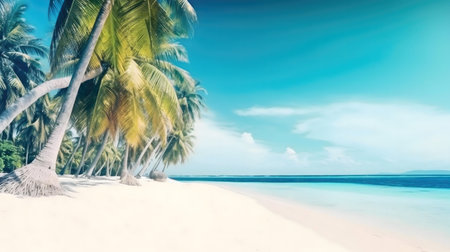 Stunning tropical beach with palm trees, clear water, and white sand. Perfect summer escape.の写真素材