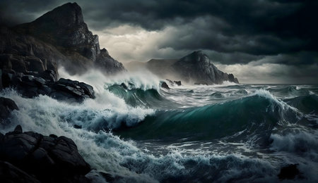 Dramatic ocean waves crashing against rocky cliffs during a fierce storm. Dark, moody atmosphere.の写真素材