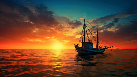 A lone fishing boat rests on the calm ocean during a vibrant sunset. The sky blazes with warm...