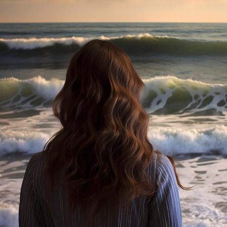 A woman with long brown hair stands facing a powerful ocean, contemplating the vastness. The sunset casts a warm glow.の写真素材