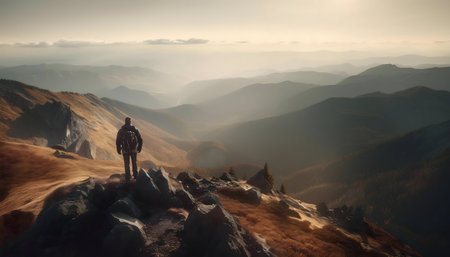 Hiker on mountain top enjoying sunrise view.の写真素材
